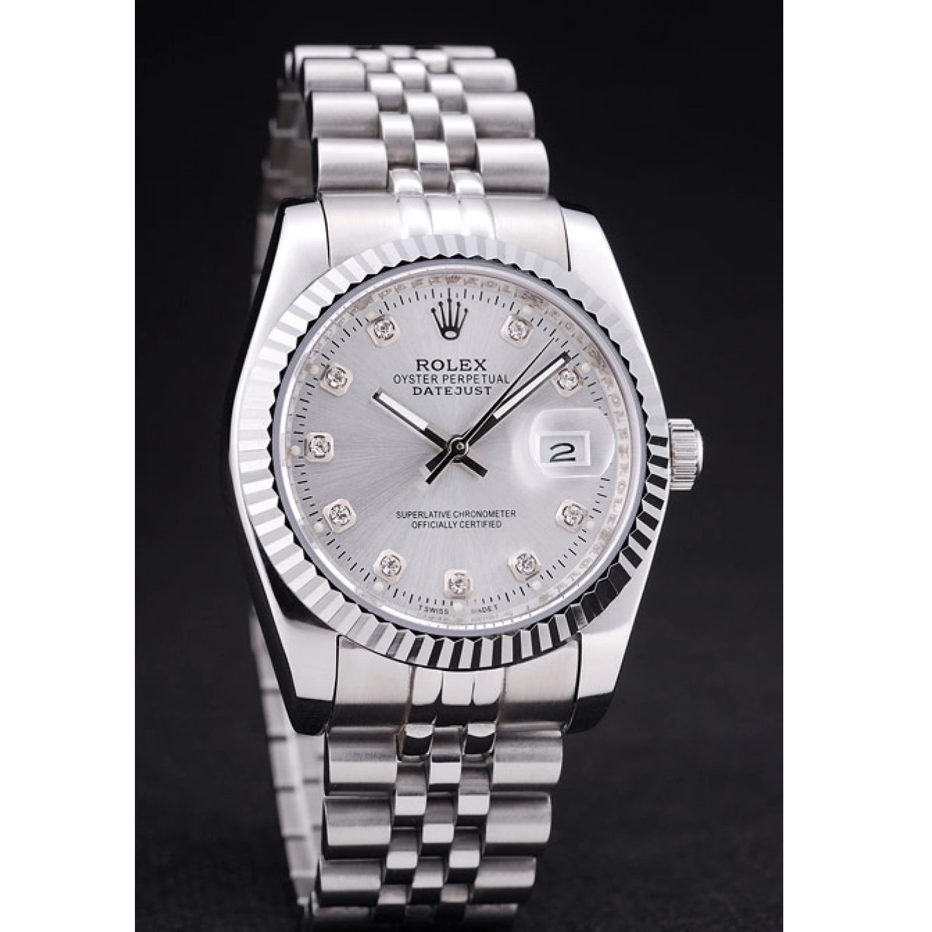 Aaa replica Ribbed 7455 Silver Datejust Diamonds Bezel Rolex Dial 0819